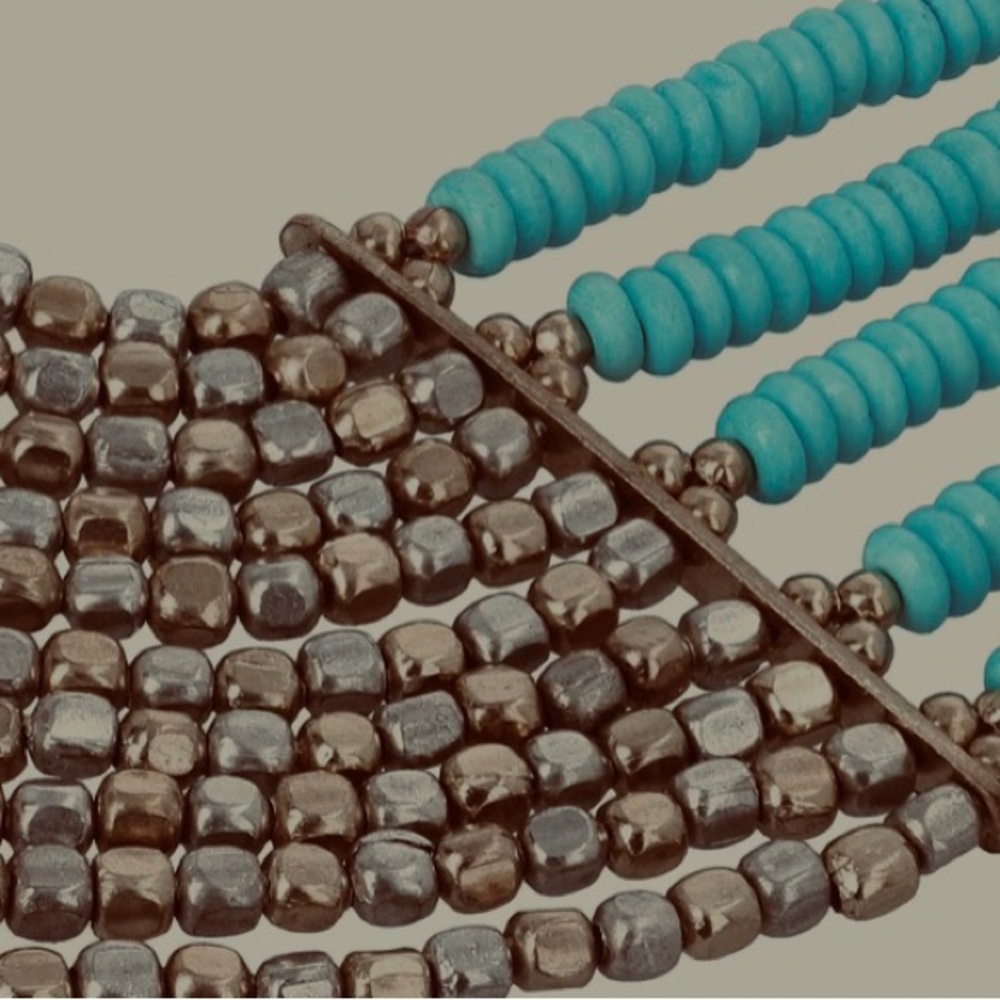 Vintage Turquoise Multi Layer Two Tone Metal Wood Seed Bead Bohemian Necklace - Picture 2 of 4